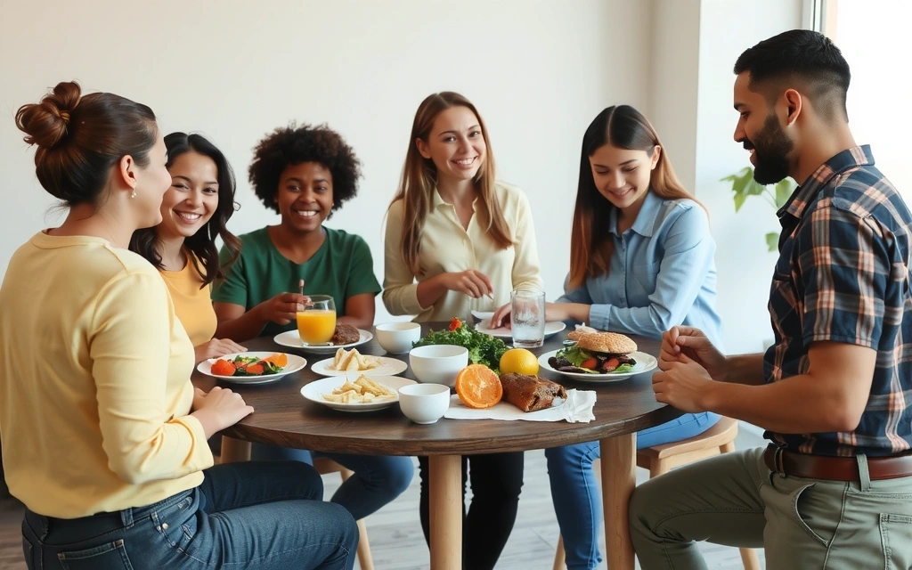 Skupina lidí diskutující o jídle u stolu