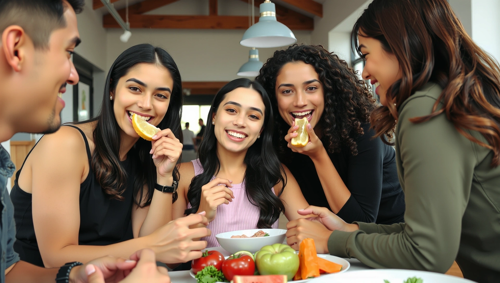 Zdravé jídlo a usměvaví lidé, symbolizující vitalitu a spokojenost