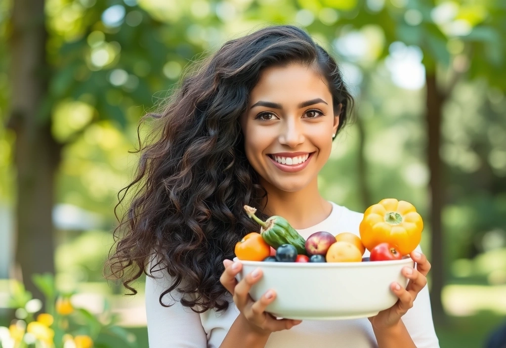 Žena drží misku s čerstvou zeleninou a ovocem