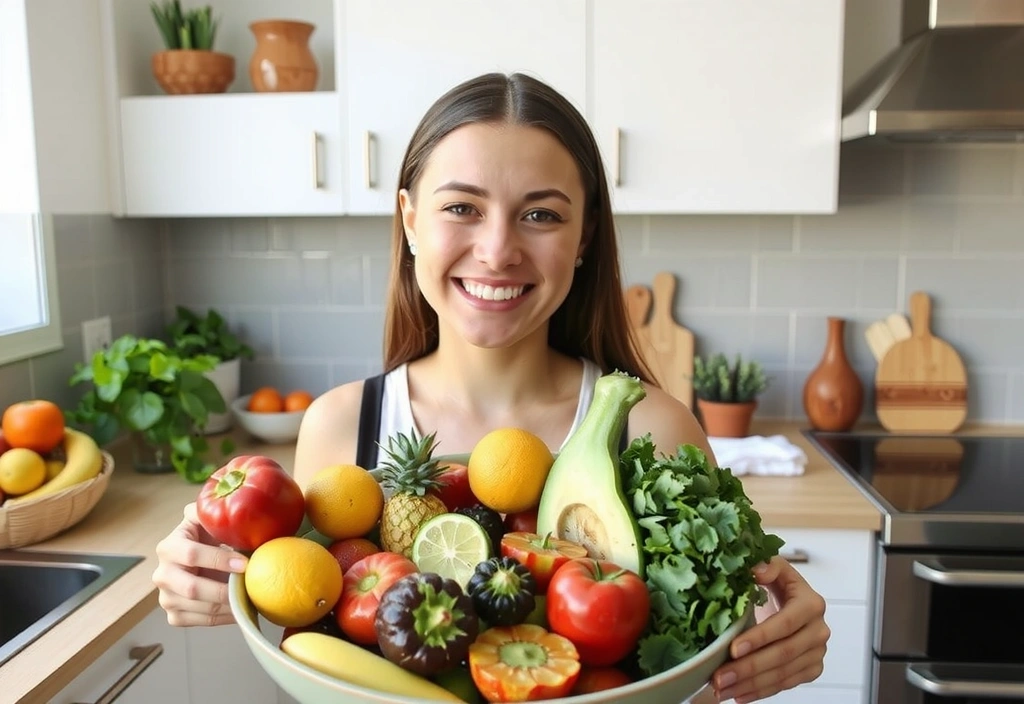 Žena s úsměvem drží misku s čerstvým ovocem a zeleninou, symbolizující zdravou výživu