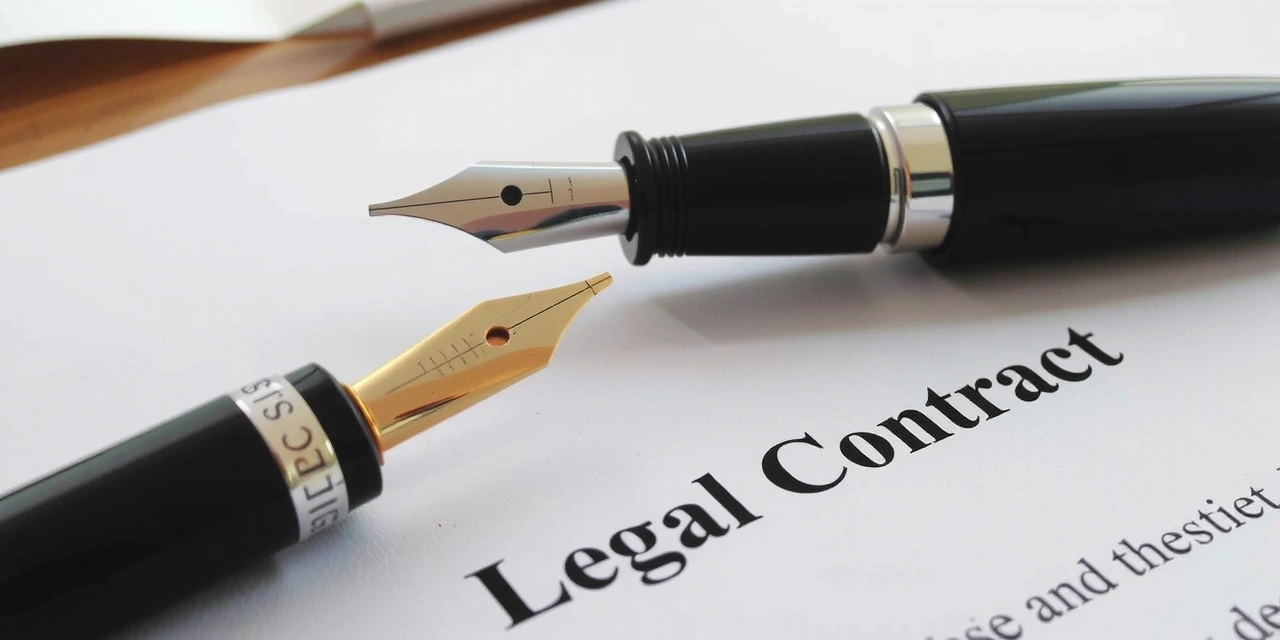 Detailní pohled na text smlouvy a pero, symbolizující důležitost právních dokumentů a odpovědnosti.